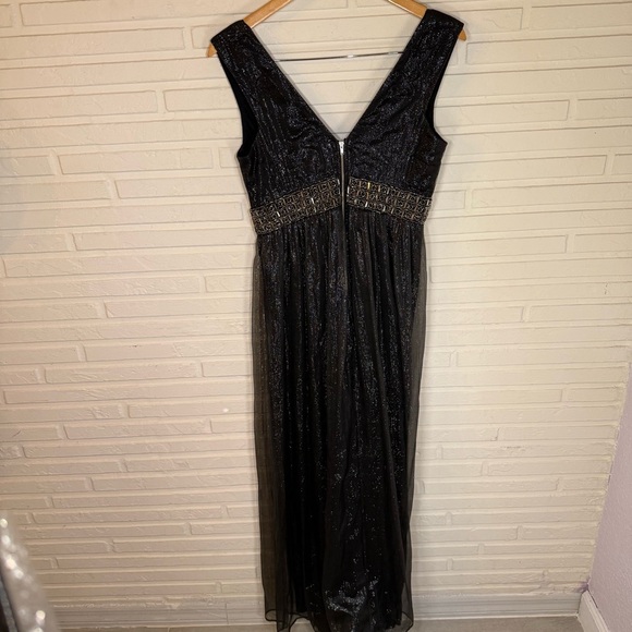 Black Metallic Silver Rhinestone Waist Band Silk Gown, Women’s Size Medium - Picture 6 of 11
